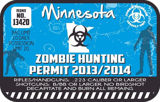 Blue Minnesota zombie hunting permit sticker with biohazard logo, permit no. 13420 and 2013/2014 text
