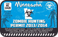 Blue Minnesota zombie hunting permit sticker with biohazard logo, permit no. 13420 and 2013/2014 text