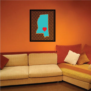 Mississippi chevron wall sticker with teal state shape and red heart in black frame
