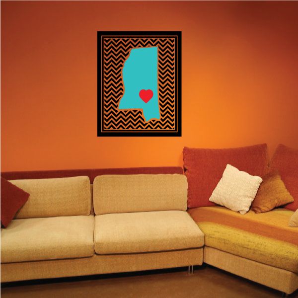 Mississippi chevron wall sticker with teal state shape and red heart in black frame