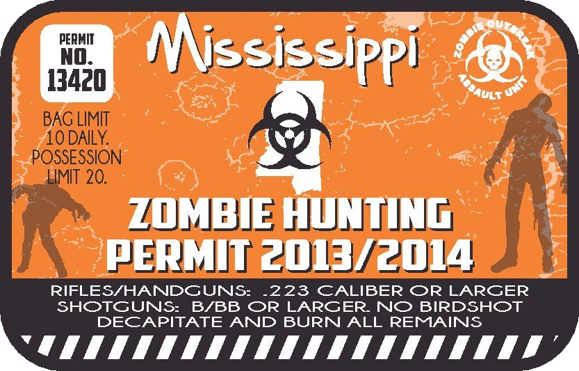 Orange zombie hunting permit sticker with Mississippi text and biohazard symbol