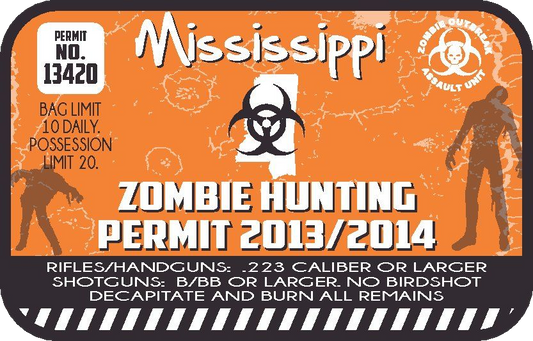 Orange zombie hunting permit sticker with Mississippi text and biohazard symbol