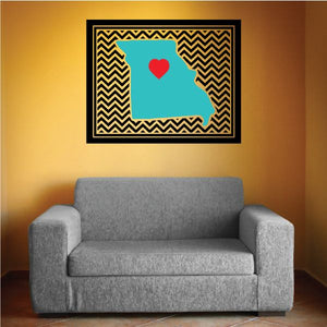 Missouri chevron wall sticker with teal map and red heart, black and gold zigzag border