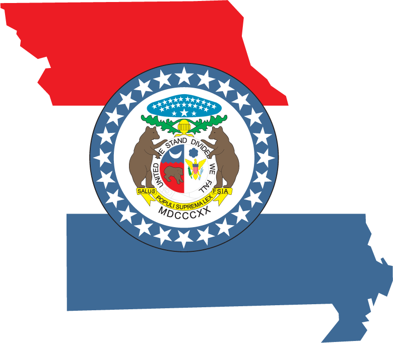 Missouri flag shape sticker with circular seal and white stars