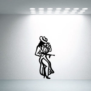 Black silhouette decal of a woman in hat holding a gun