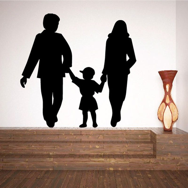 Black family wall decal: mom, dad, and son silhouettes holding hands