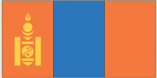 Rectangular Mongolia flag sticker with orange side stripes, blue center stripe, and emblem