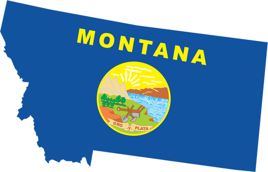 Montana state flag sticker with yellow word MONTANA and circular state seal