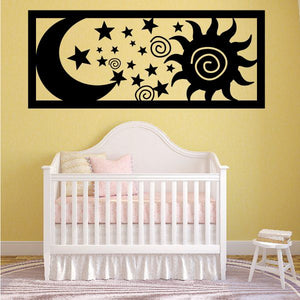 Moon, sun and stars wall decal featuring a crescent moon, star cluster, and spiral sun.