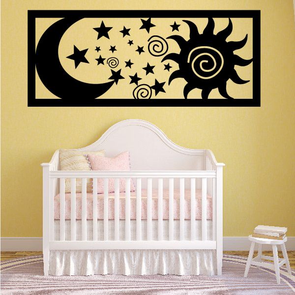 Moon, sun and stars wall decal featuring a crescent moon, star cluster, and spiral sun.