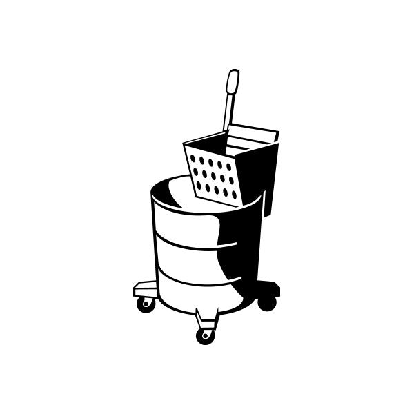 Mop bucket decal sticker, black and white cartoon with mop and perforated insert.