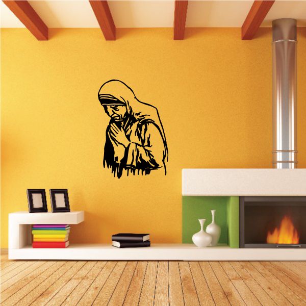 Mother Teresa portrait wall decal, black line art face and headscarf.