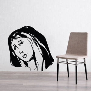 Black portrait face wall decal with detailed line-art features