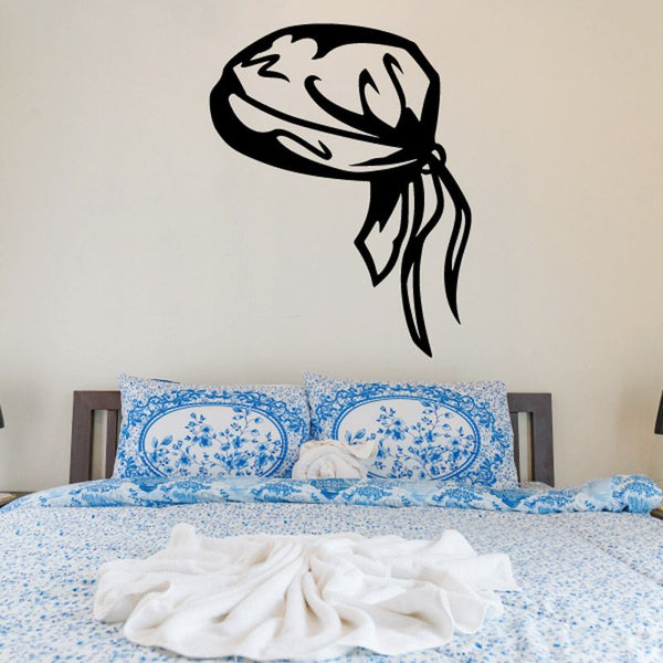 Motorcycle bandana decal with black stylized bandana and trailing tail graphic