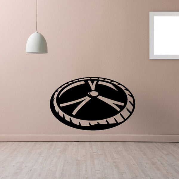 Motorcycle gear vinyl wall decal, round black design with white rim and center hub