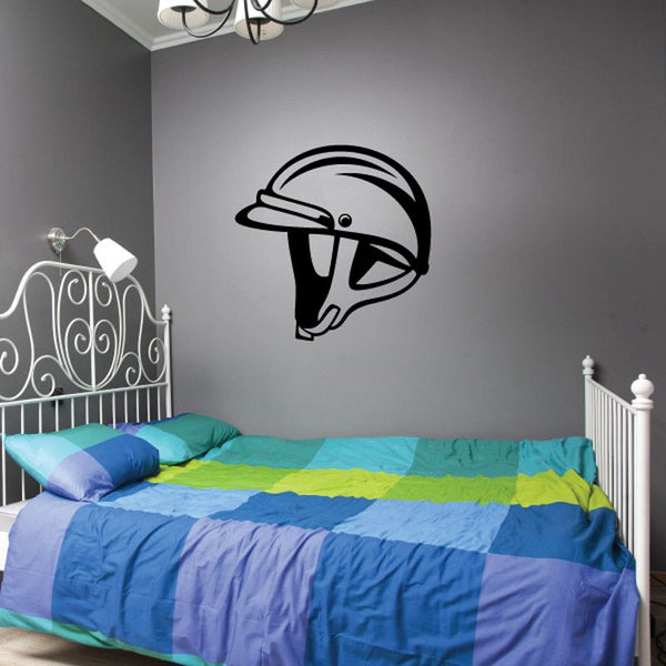 Motorcycle half helmet decal with black outline helmet graphic on wall