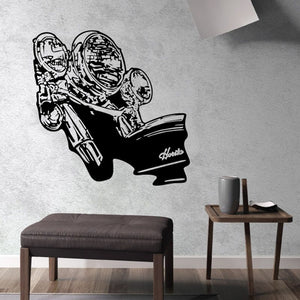Motorcycle headlight sketch decal in black and white with logo text
