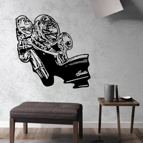 Motorcycle headlight sketch decal in black and white with logo text