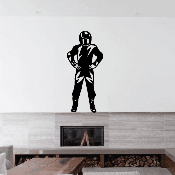 Motorcycle rider decal, black stylized silhouette with helmet and hands on hips
