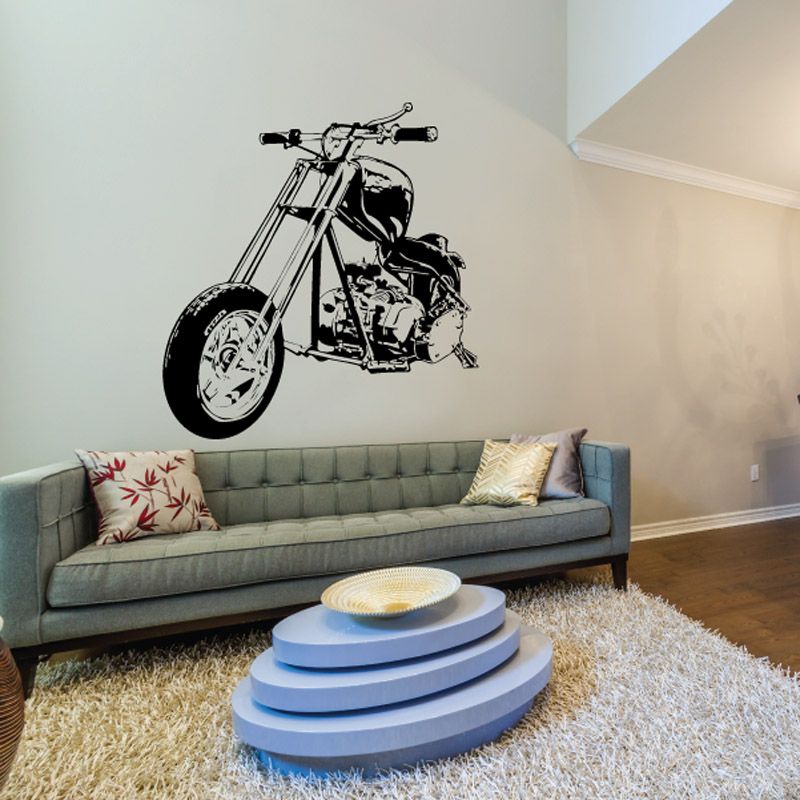 Black motorcycle sketch wall decal with detailed handlebars and wheels