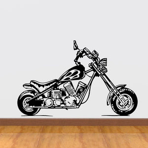 Black line-art motorcycle wall decal, vinyl sticker with detailed wheels and engine.