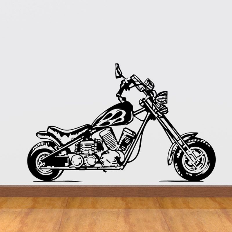 Black line-art motorcycle wall decal, vinyl sticker with detailed wheels and engine.