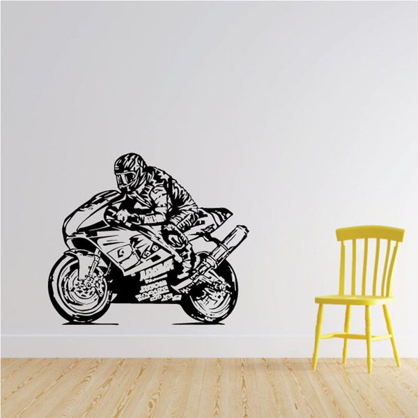 Black motorcycle sketch vinyl wall decal, rider on sport bike