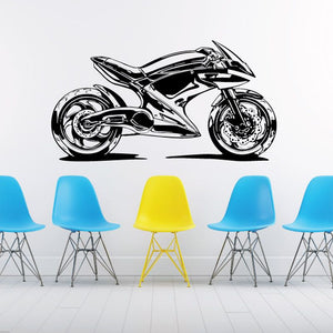 Motorcycle wall decal featuring a black line-art sport bike sketch