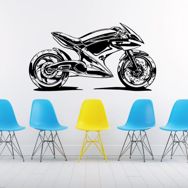Motorcycle wall decal featuring a black line-art sport bike sketch