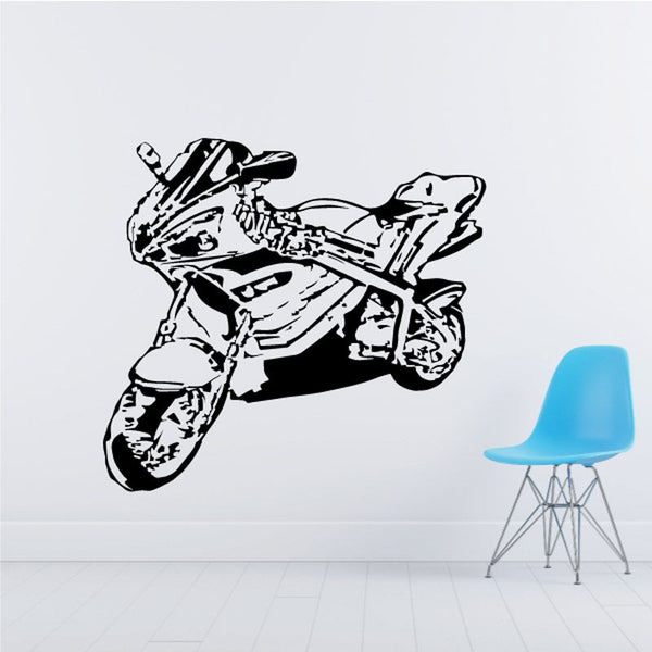 Motorcycle wall decal, black vinyl sketch of a motorcycle on a white wall