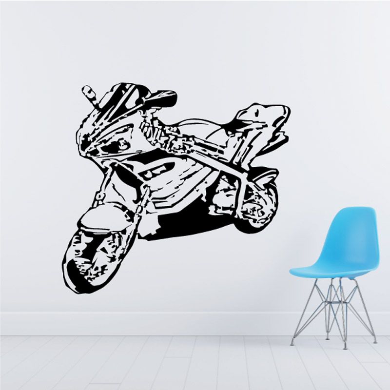 Motorcycle wall decal, black vinyl sketch of a motorcycle on a white wall