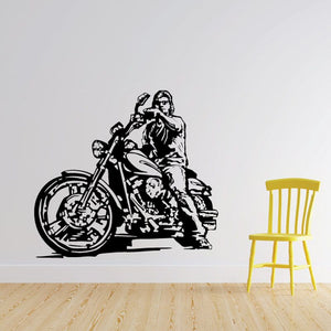 Motorcycle sketch wall decal, black vinyl design of rider on motorcycle.