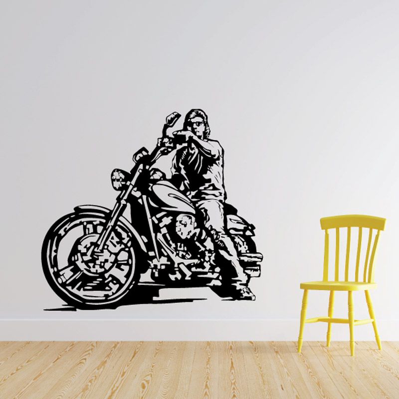Motorcycle sketch wall decal, black vinyl design of rider on motorcycle.