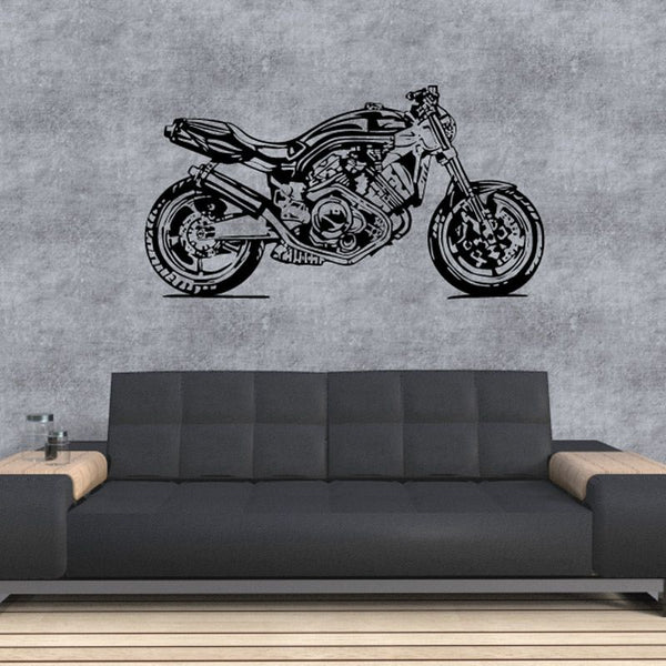 Motorcycle wall decal vinyl sketch of a black sport bike, detailed lines