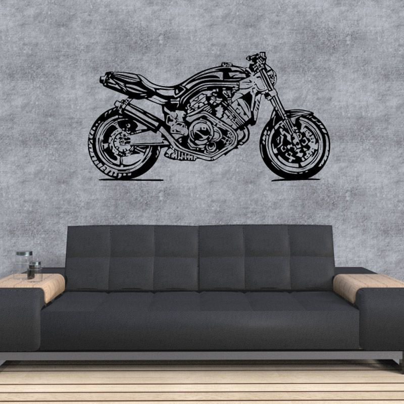 Motorcycle wall decal vinyl sketch of a black sport bike, detailed lines