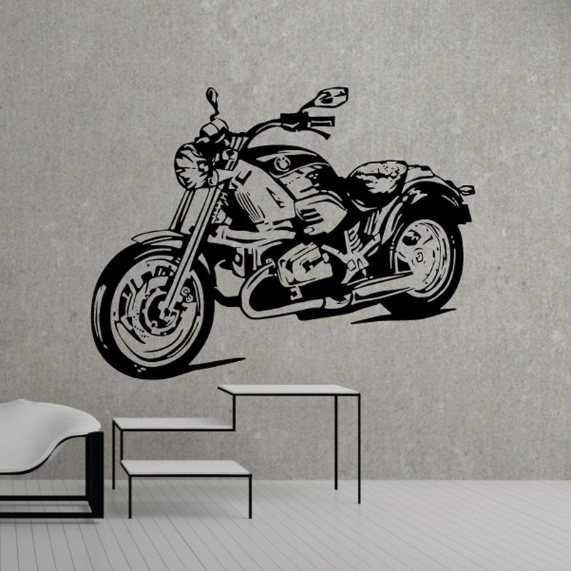 Motorcycle wall decal vinyl sticker, black sketch of a sport bike with exhaust pipe.