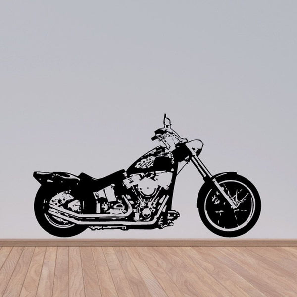 Black motorcycle sketch vinyl wall decal with bold outline and spoked front wheel
