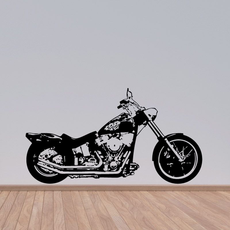 Black motorcycle sketch vinyl wall decal with bold outline and spoked front wheel