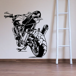 Motorcycle wall decal vinyl sticker with black line-art sport bike and rider, dynamic pose