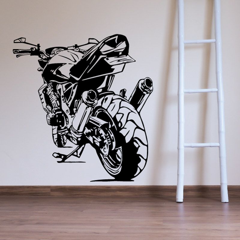 Motorcycle wall decal vinyl sticker with black line-art sport bike and rider, dynamic pose