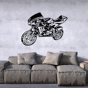 Motorcycle wall decal, black vinyl sketch of sportbike with wheels