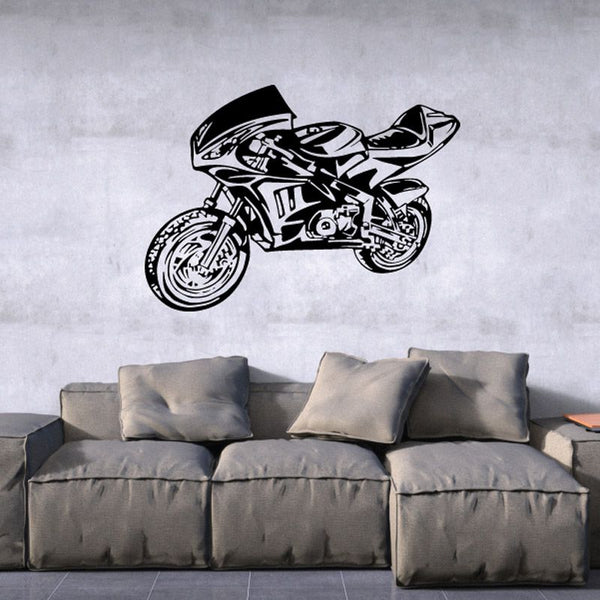 Motorcycle wall decal, black vinyl sketch of sportbike with wheels