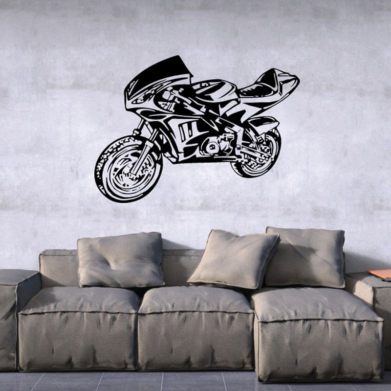 Motorcycle wall decal, black vinyl sketch of sportbike with wheels