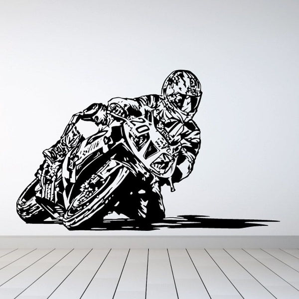 Motorcycle rider sketch wall decal, black vinyl outline with bold lines