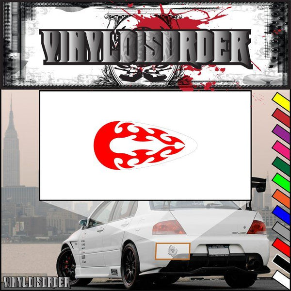 Red flame motorcycle tank vinyl decal with stylized flame emblem on white backing