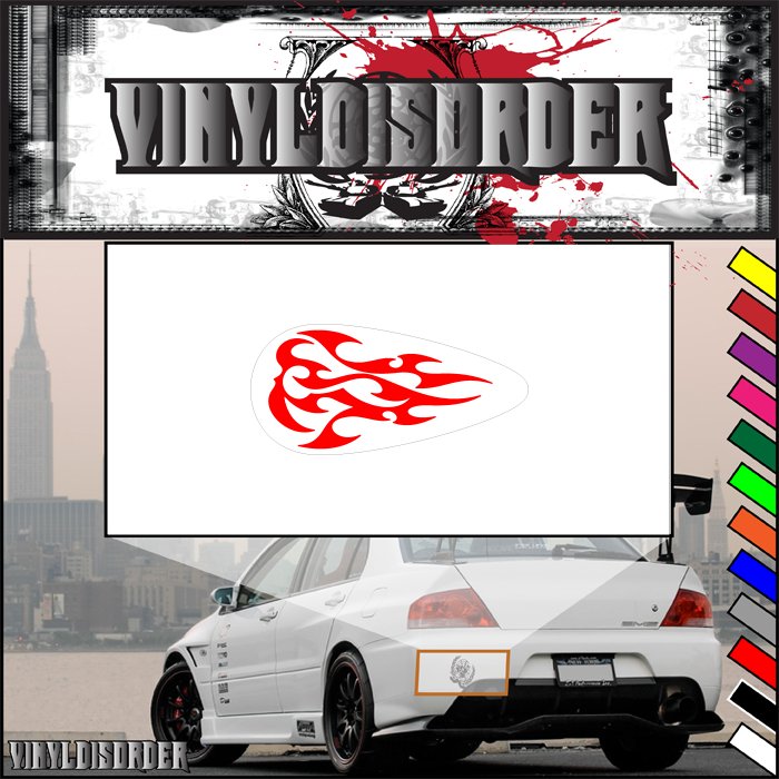 Motorcycle tank flames vinyl decal with red flame graphic on white rectangle