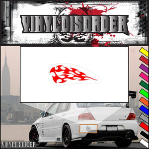 Red flame motorcycle tank decal logo on white rectangular vinyl sticker