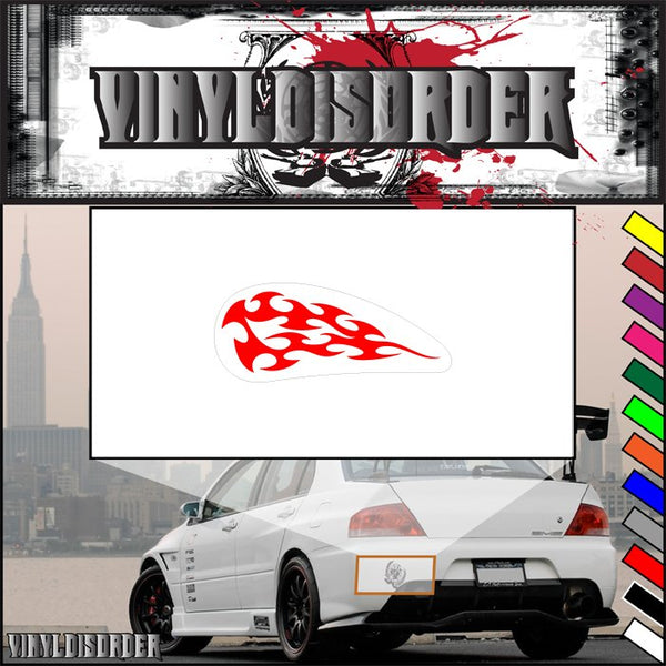 Red flame motorcycle tank decal logo on white rectangular vinyl sticker