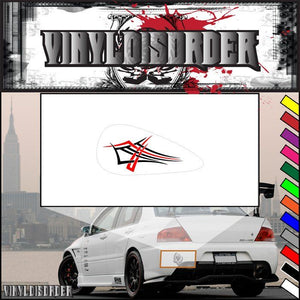 Vinyl motorcycle tank decal with red and black tribal graphic on white oval