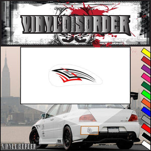 Vinyl motorcycle tribal decal with white background and red-and-black emblem logo